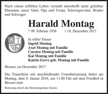 Traueranzeige von Harald Montag  von Magdeburger Volksstimme