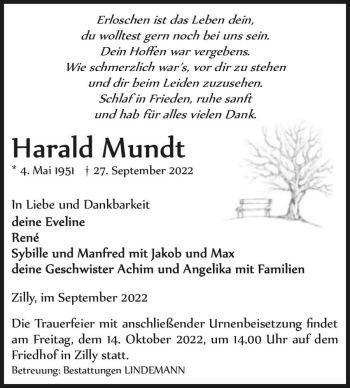 Traueranzeige von Harald Mundt  von Magdeburger Volksstimme