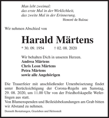 Traueranzeige von Harald Märtens  von Magdeburger Volksstimme