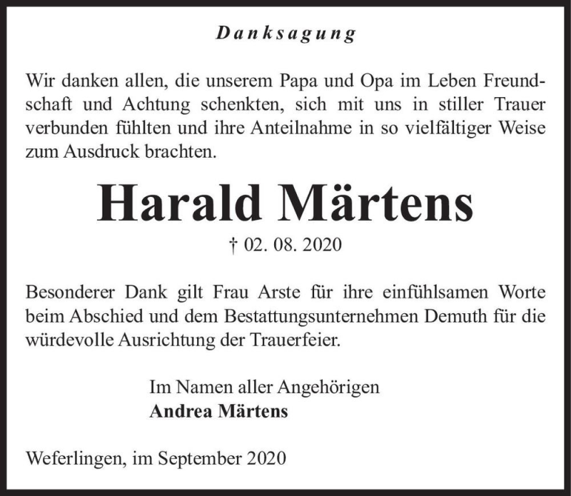  Traueranzeige für Harald Märtens  vom 05.09.2020 aus Magdeburger Volksstimme