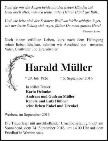 Traueranzeige von Harald Müller  von Magdeburger Volksstimme
