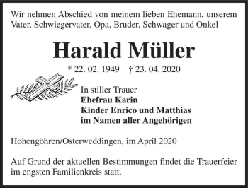 Traueranzeige von Harald Müller  von Magdeburger Volksstimme