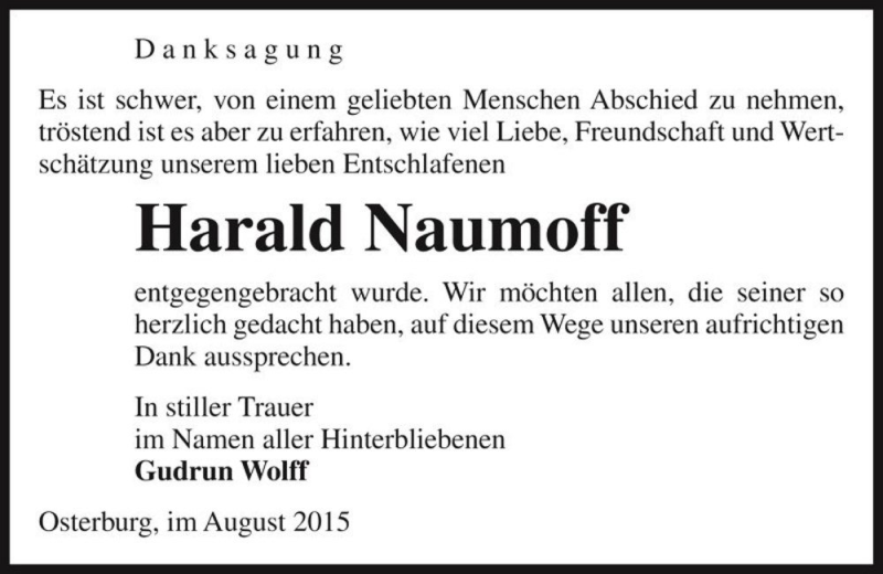  Traueranzeige für Harald Naumoff  vom 29.08.2015 aus Magdeburger Volksstimme