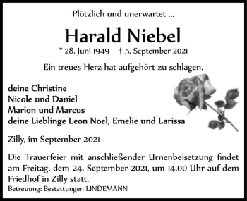 Traueranzeige von Harald Niebel  von Magdeburger Volksstimme