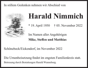 Traueranzeige von Harald Nimmich  von Magdeburger Volksstimme