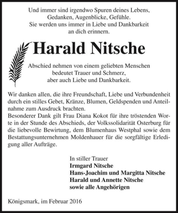 Traueranzeige von Harald Nitsche  von Magdeburger Volksstimme