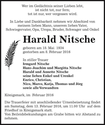 Traueranzeige von Harald Nitsche  von Magdeburger Volksstimme