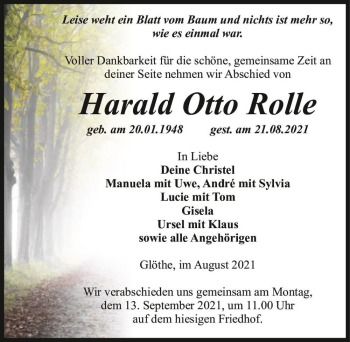 Traueranzeige von Harald Otto Rolle  von Magdeburger Volksstimme
