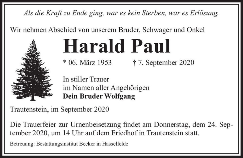  Traueranzeige für Harald Paul  vom 19.09.2020 aus Magdeburger Volksstimme