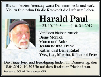 Traueranzeige von Harald Paul  von Magdeburger Volksstimme