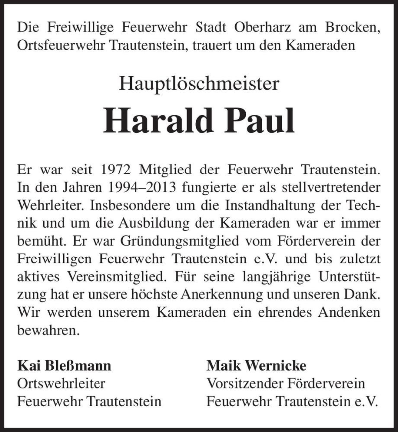  Traueranzeige für Harald Paul  vom 26.09.2020 aus Magdeburger Volksstimme