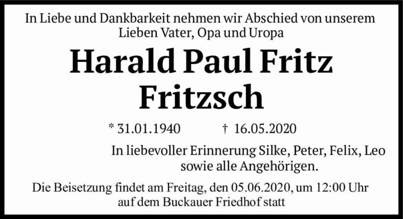  Traueranzeige für Harald Paul Fritz Fritzsch  vom 04.06.2020 aus Magdeburger Volksstimme