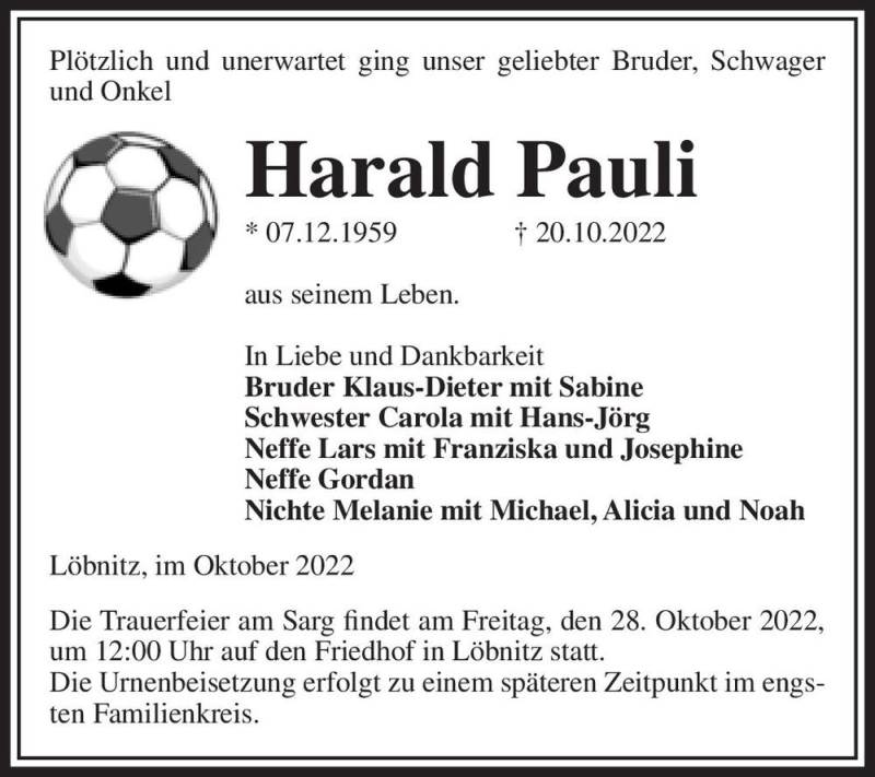  Traueranzeige für Harald Pauli  vom 25.10.2022 aus Magdeburger Volksstimme