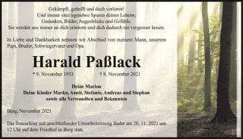 Traueranzeige von Harald Paßlack  von Magdeburger Volksstimme