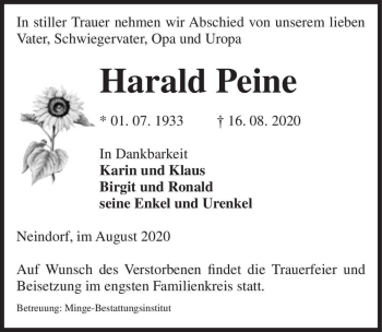 Traueranzeige von Harald Peine  von Magdeburger Volksstimme