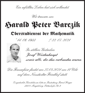 Traueranzeige von Harald Peter Barczik  von Magdeburger Volksstimme