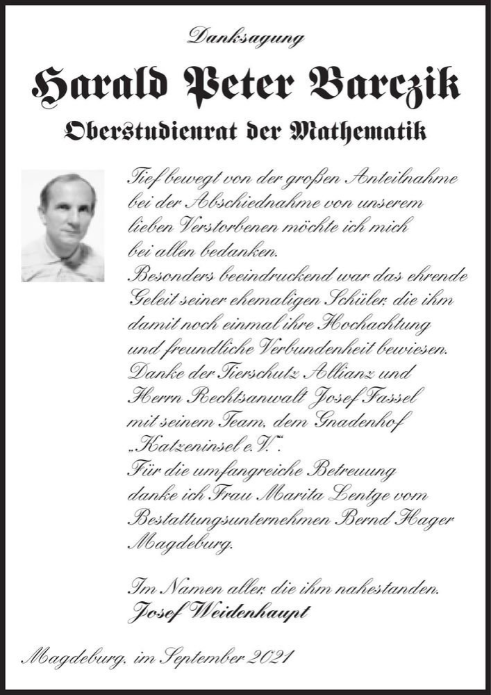  Traueranzeige für Harald Peter Barczik  vom 04.09.2021 aus Magdeburger Volksstimme