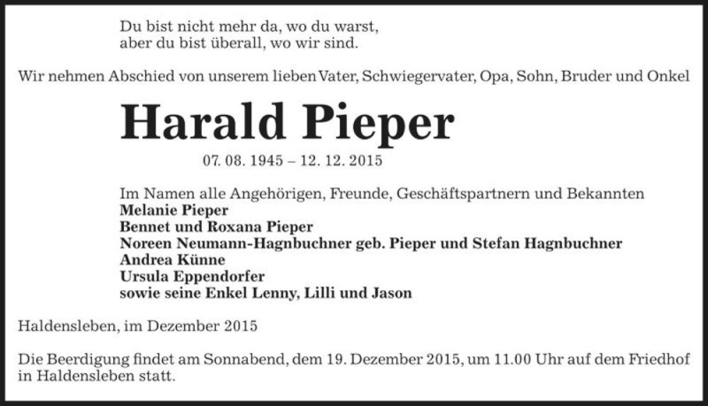  Traueranzeige für Harald Pieper  vom 16.12.2015 aus Magdeburger Volksstimme