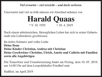 Traueranzeige von Harald Quaas  von Magdeburger Volksstimme