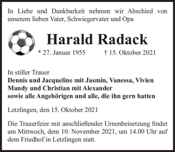 Traueranzeige von Harald Radack  von Magdeburger Volksstimme