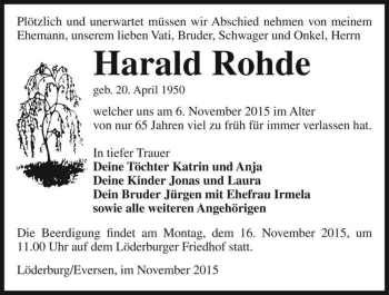 Traueranzeige von Harald Rohde  von Magdeburger Volksstimme