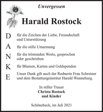 Traueranzeige von Harald Rostock  von Magdeburger Volksstimme