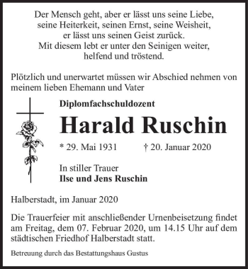 Traueranzeige von Harald Ruschin  von Magdeburger Volksstimme