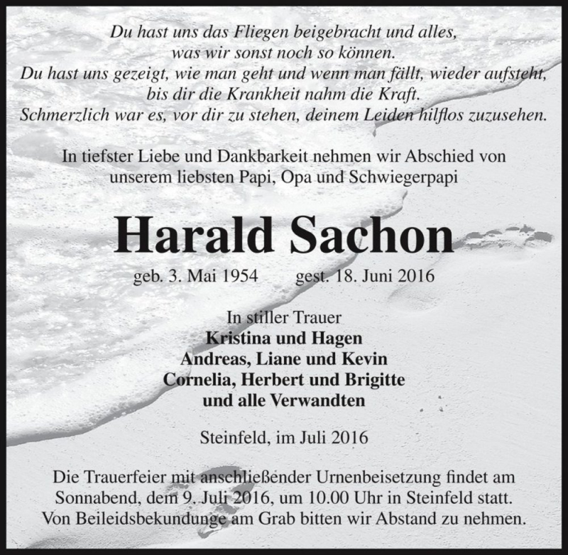 Traueranzeige für Harald Sachon  vom 02.07.2016 aus Magdeburger Volksstimme
