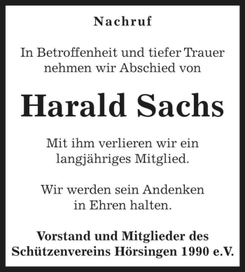 Traueranzeige von Harald Sachs  von Magdeburger Volksstimme