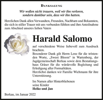 Traueranzeige von Harald Salomo  von Magdeburger Volksstimme