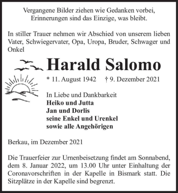 Traueranzeige von Harald Salomo  von Magdeburger Volksstimme