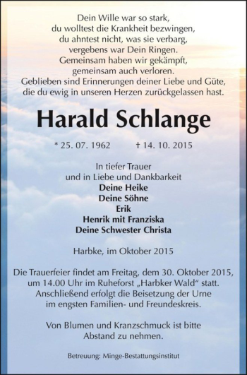 Traueranzeige von Harald Schlange  von Magdeburger Volksstimme