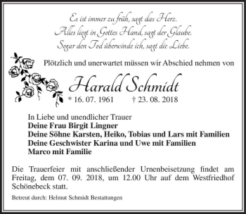 Traueranzeige von Harald Schmidt  von Magdeburger Volksstimme