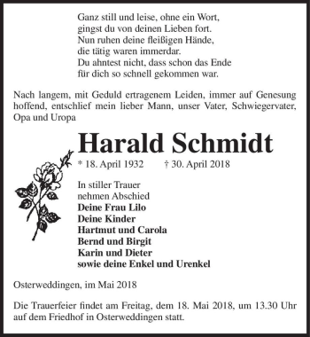 Traueranzeige von Harald Schmidt  von Magdeburger Volksstimme