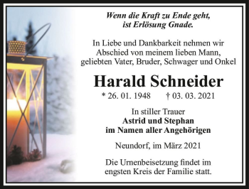 Traueranzeige von Harald Schneider  von Magdeburger Volksstimme