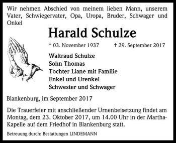 Traueranzeige von Harald Schulze  von Magdeburger Volksstimme