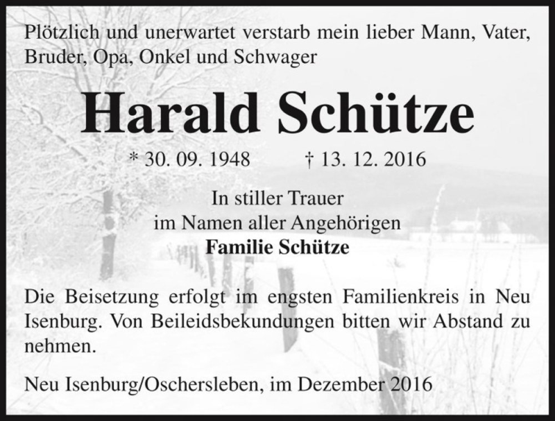  Traueranzeige für Harald Schütze  vom 28.12.2016 aus Magdeburger Volksstimme