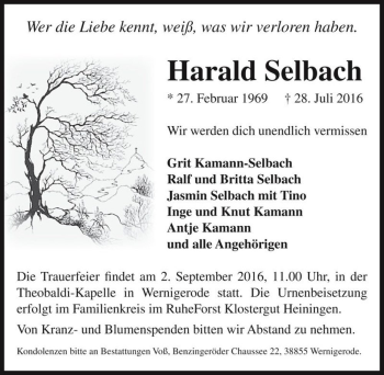 Traueranzeige von Harald Selbach  von Magdeburger Volksstimme