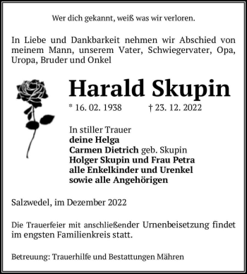 Traueranzeige von Harald Skupin  von Magdeburger Volksstimme
