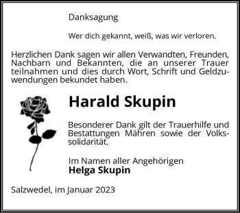 Traueranzeige von Harald Skupin  von Magdeburger Volksstimme