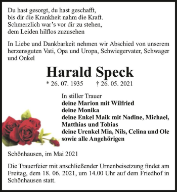 Traueranzeige von Harald Speck  von Magdeburger Volksstimme