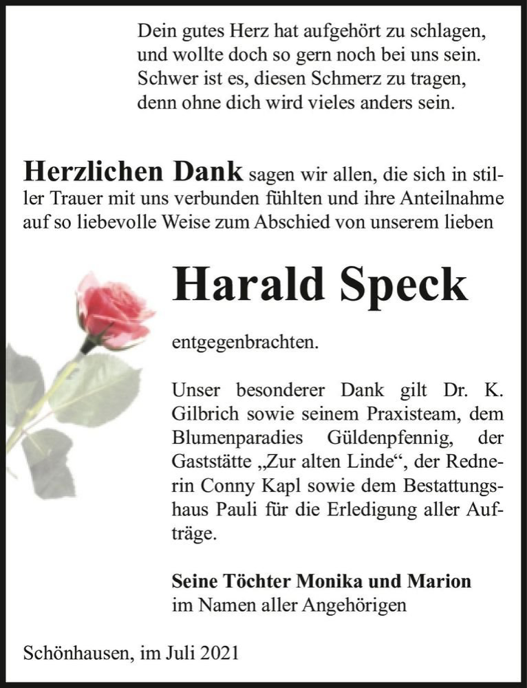  Traueranzeige für Harald Speck  vom 07.07.2021 aus Magdeburger Volksstimme