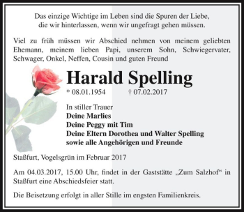 Traueranzeige von Harald Spelling  von Magdeburger Volksstimme