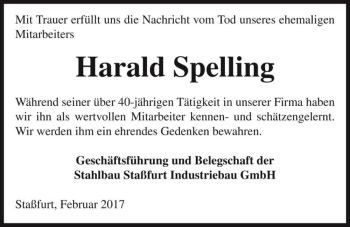 Traueranzeige von Harald Spelling  von Magdeburger Volksstimme