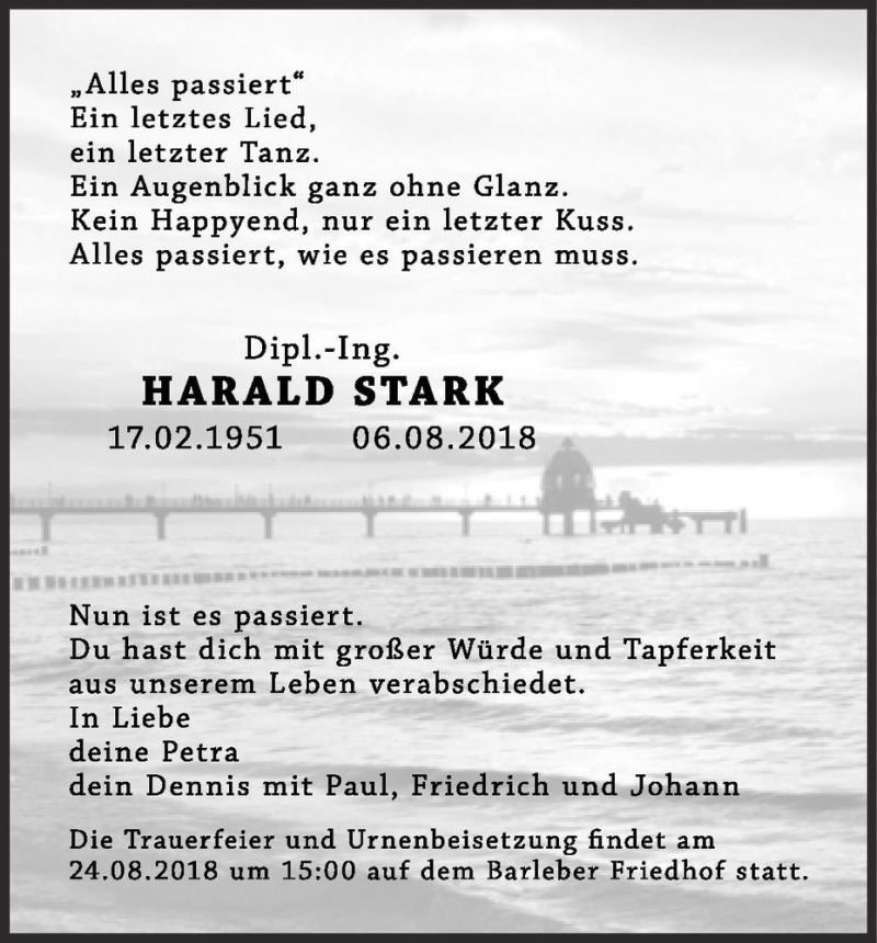  Traueranzeige für Harald Stark  vom 11.08.2018 aus Magdeburger Volksstimme