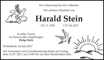 Traueranzeige von Harald Stein  von Magdeburger Volksstimme