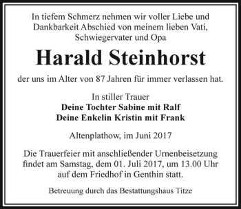 Traueranzeige von Harald Steinhorst  von Magdeburger Volksstimme