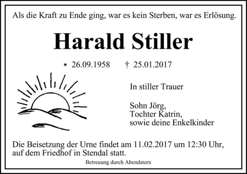  Traueranzeige für Harald Stiller  vom 04.02.2017 aus Magdeburger Volksstimme
