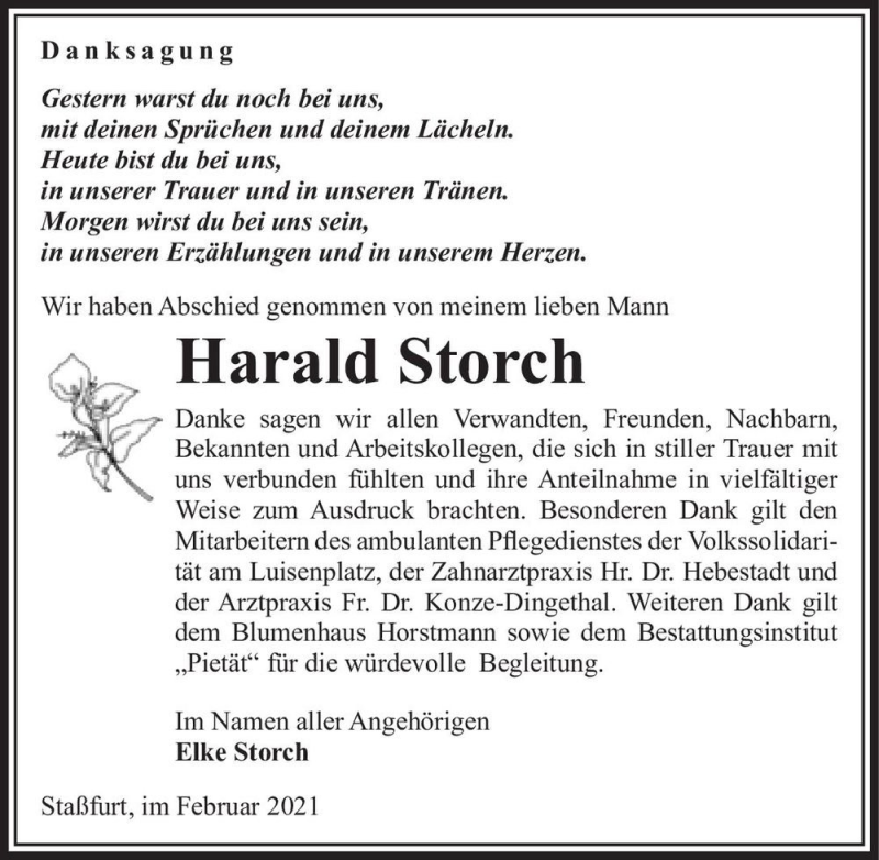  Traueranzeige für Harald Storch  vom 20.02.2021 aus Magdeburger Volksstimme