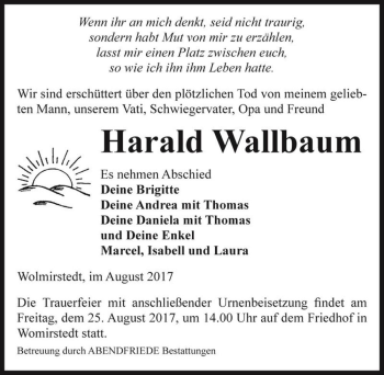 Traueranzeige von Harald Wallbaum  von Magdeburger Volksstimme